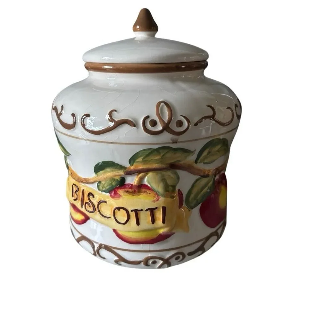 Vintage Handmade For Nonni’s Colorful Apple Design Ceramic Biscotti Jar *Read*
